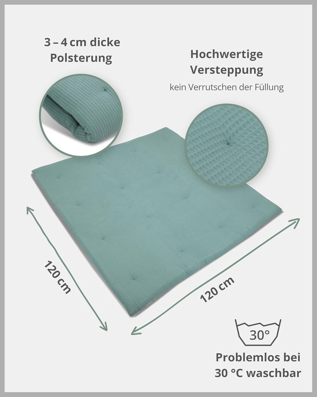 ULLENBOOM ® Baby Krabbeldecke 120x120 cm gepolstert in Salbeigrün (Made in EU) - Krabbeldecke für Ba