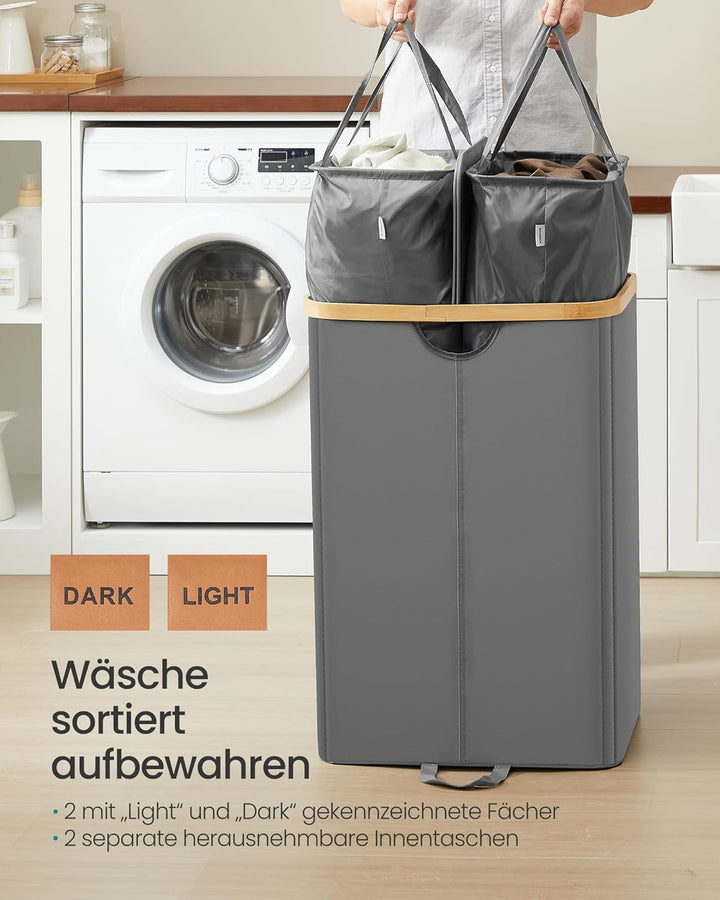 SONGMICS Wäschekorb 2 Fächer, Wäschesammler, 150 Liter, Wäschesortierer mit Deckel, Wäschetonne, Wäs