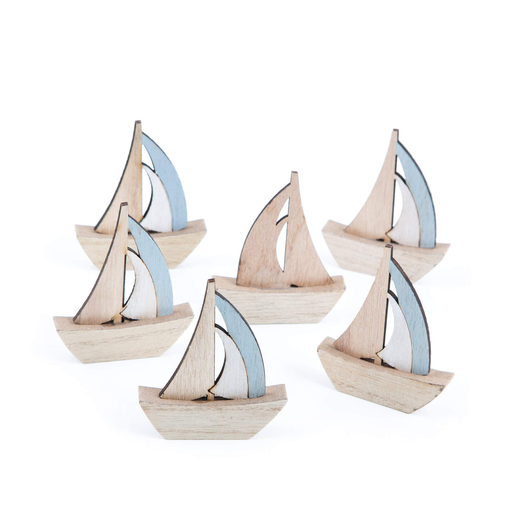 Logbuch-Verlag 6 kleine Segelboote Schiffe natur blau 8 cm aus Holz maritime Deko Boote Tischdeko Ta