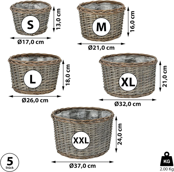 Cepewa Pflanzkorb 5er Set │ Kunstofffolien-Inlay Rattan 5 Grössen│ Übertopf Körbe Korbset Pflanztopf