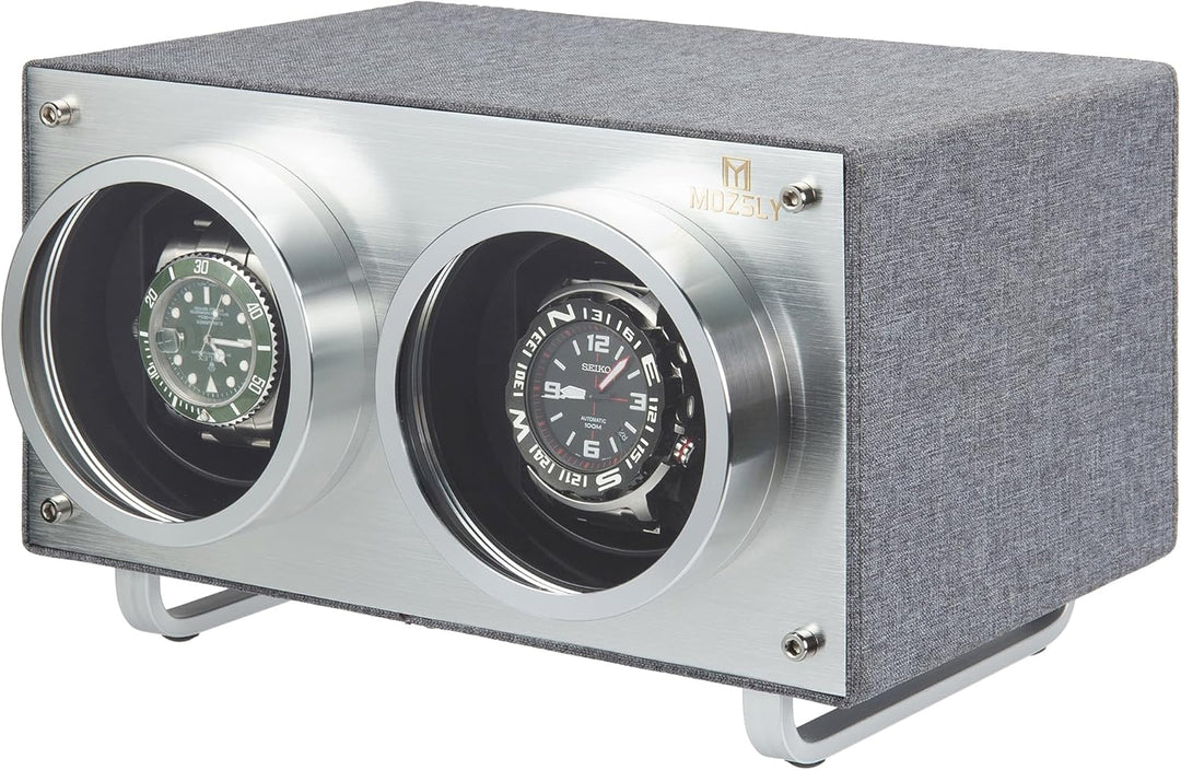 MOZSLY Doppel Uhrenbeweger für Automatikuhren mit leisem Motor Grau Hanf Baumwoll Gewebe, Grau