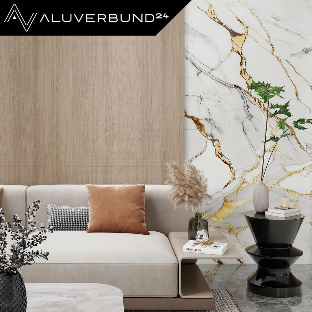 AMON Wandpaneele 122x244cm in Marmor- Granit-Optik (Aurora Gold) ideal als Duschrückwand Badrückwand