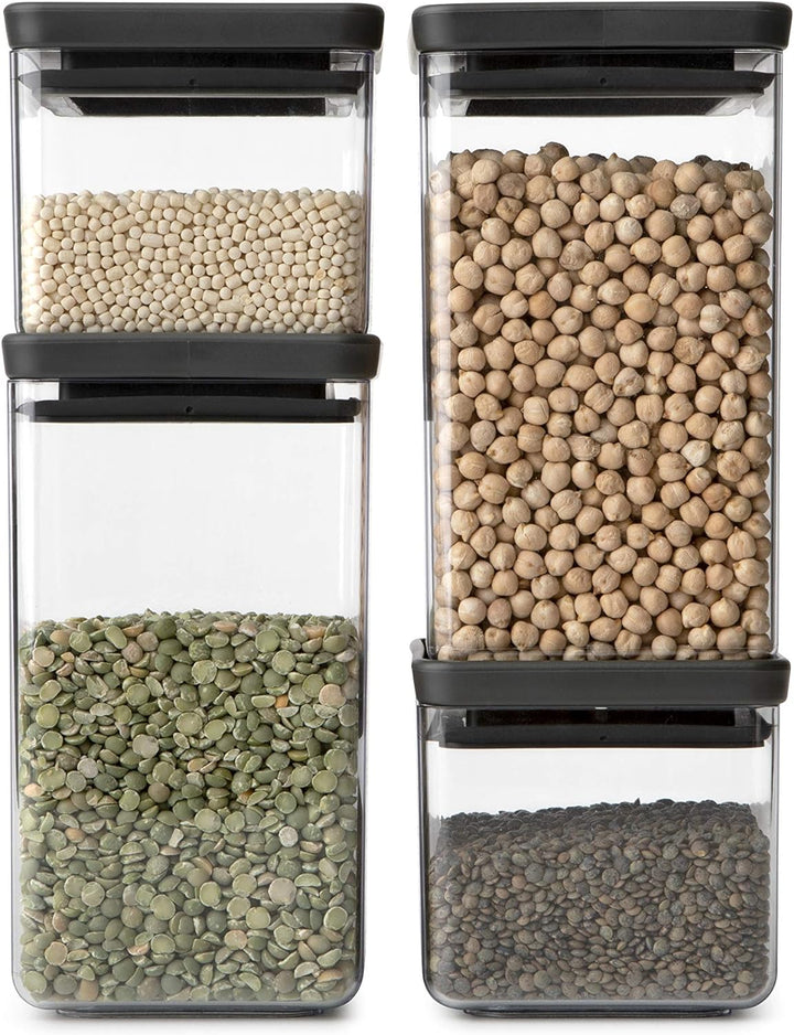 Brabantia 4er-Set Vorratsdose Eckig, Tasty+, Dunk Grau 4er-Set Dark Grey, 4er-Set Dark Grey