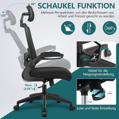 FelixKing Bürostuhl Ergonomischer schreibtischstuhl mit Verstellbarer Kopfstütze, Armlehnen, Lendenw