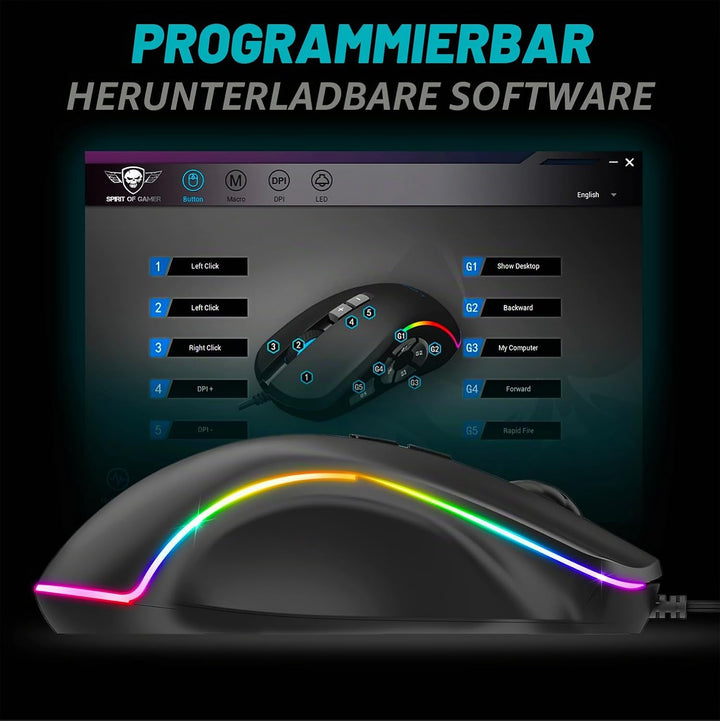 SPIRIT OF GAMER x ELITE M30 | PC Gaming Maus mit Kabel | 10 Programmierbare Tasten | Optischer Senso