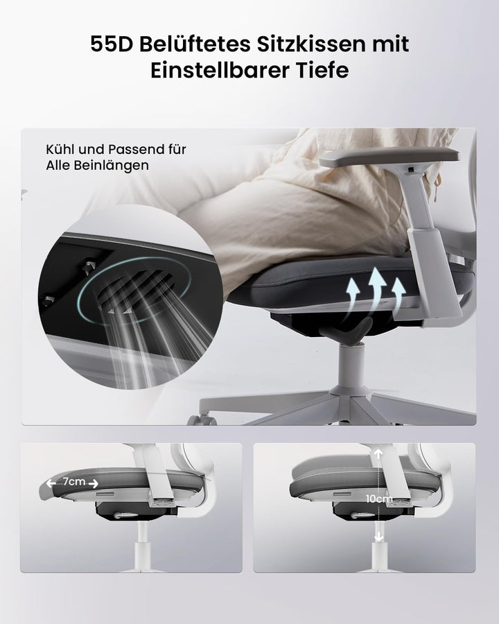 ProtoArc Flexer Ergonomischer Bürostuhl – Schreibtischstuhl mit Sitztiefenverstellung, konturiertem