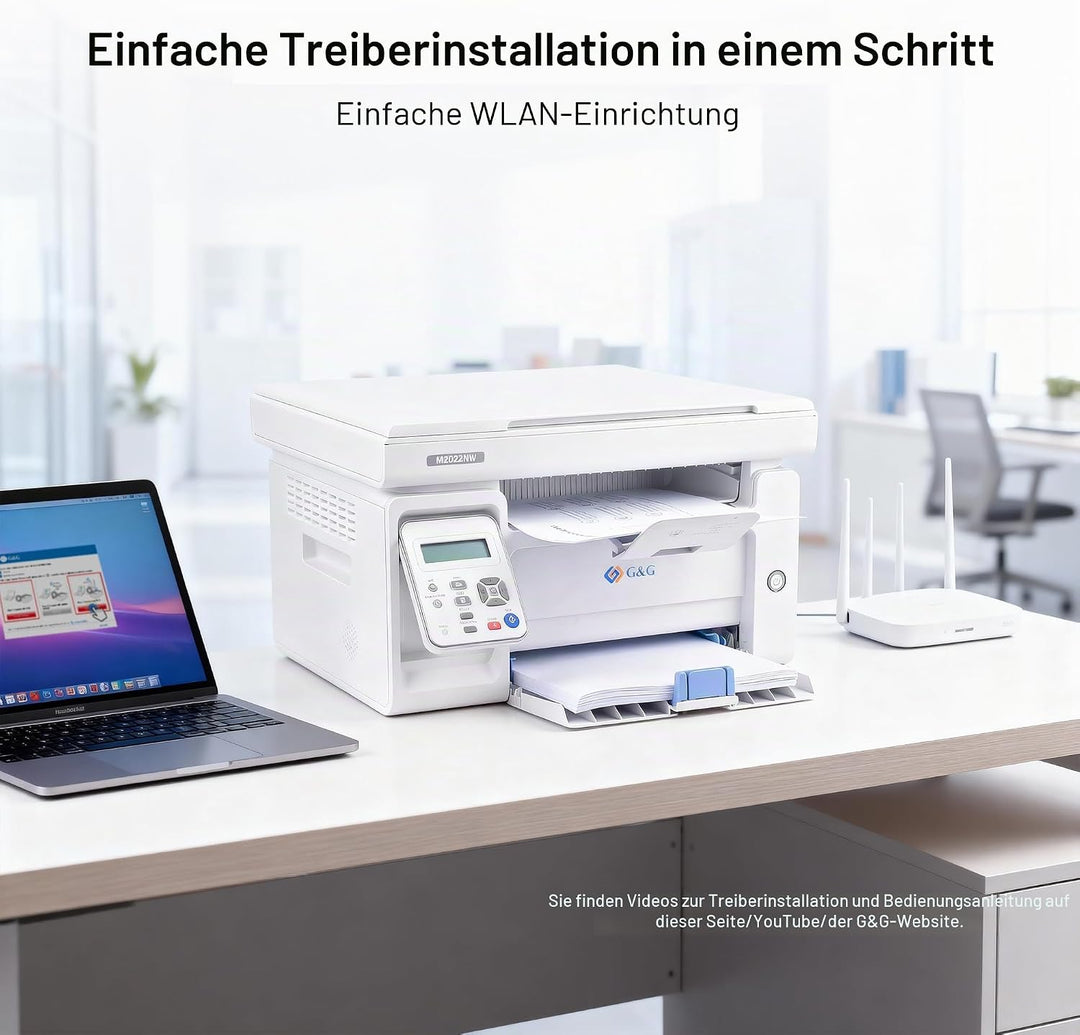 G&amp;G M2022NW Laserdrucker - Multifunktionsgerät mit Drucker, Scanner und Kopierer,Schwarz-Weiss,WLAN(