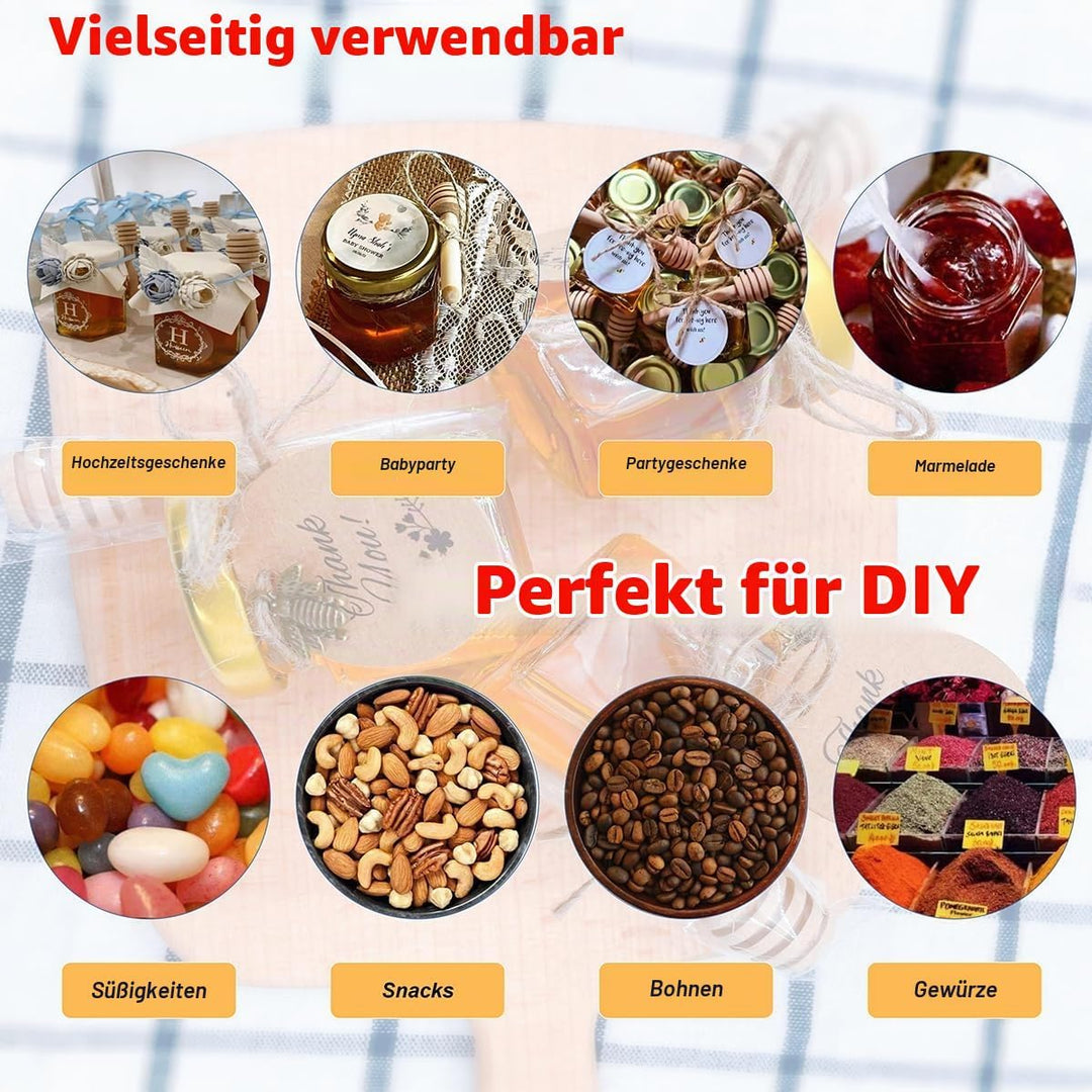 60 Pack 1.5 oz Hexagon Mini Glas Honig Gläser mit hölzernen Dippers, Bienen Anhänger, goldene Gesche