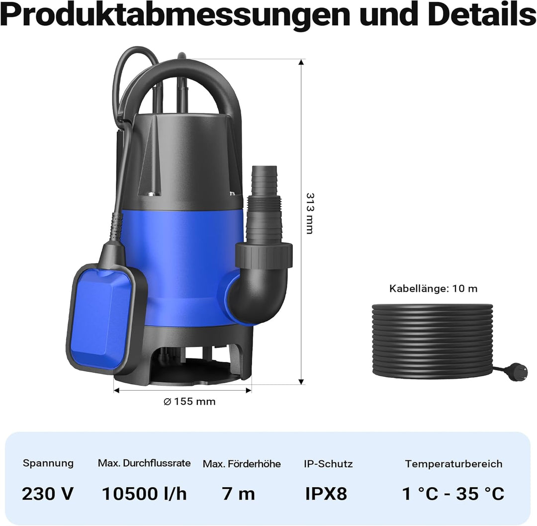 Schmutzwasserpumpe 550 W 10500 l/h Tauchpumpe Gartenpumpe Brunnenpumpe Entwässerungspumpe, 10500 l/h