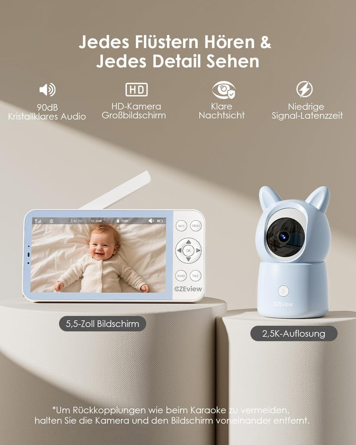 CZEview BM6 Babyphone mit Kamera 2K & 4X Zoom, 5.5" HD WLAN Video Babyfon mit App, Nachtsicht, Beweg