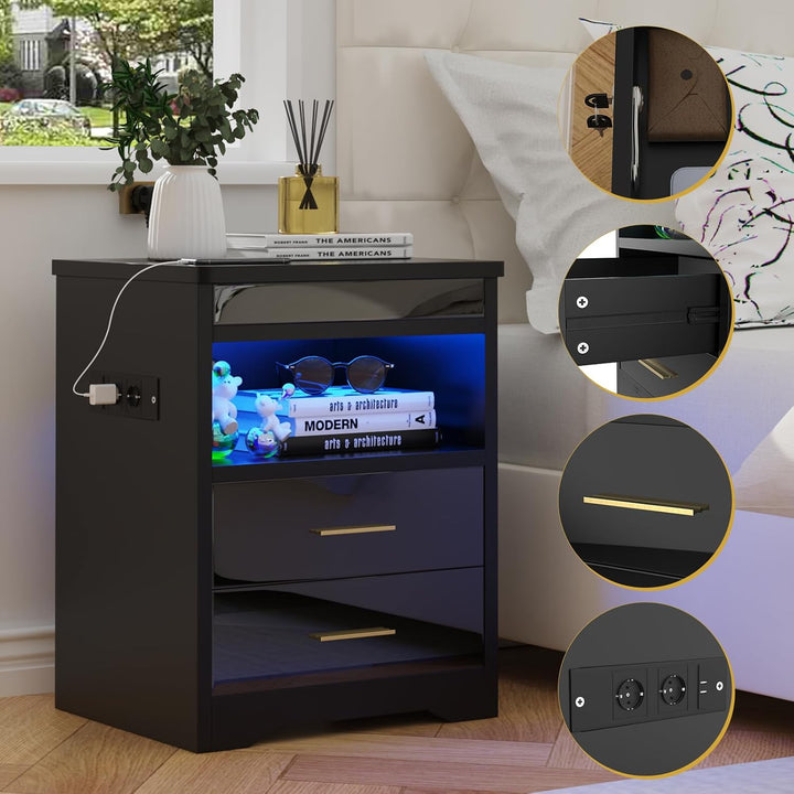 PIPIPOXER 2er Set Nachttisch mit Steckdose &amp; USB &amp; abschliessbar, Nachttisch mit LED Nachtkommode mi