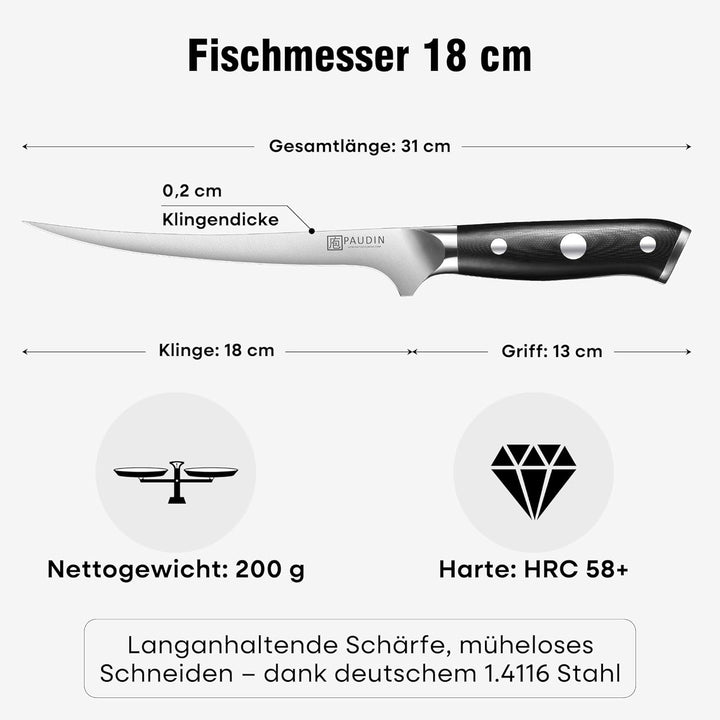 PAUDIN Filetiermesser fisch Messer 18 cm, Filitiermesser Scharf Fisch aus Deutscher Edelstahl 1.4116