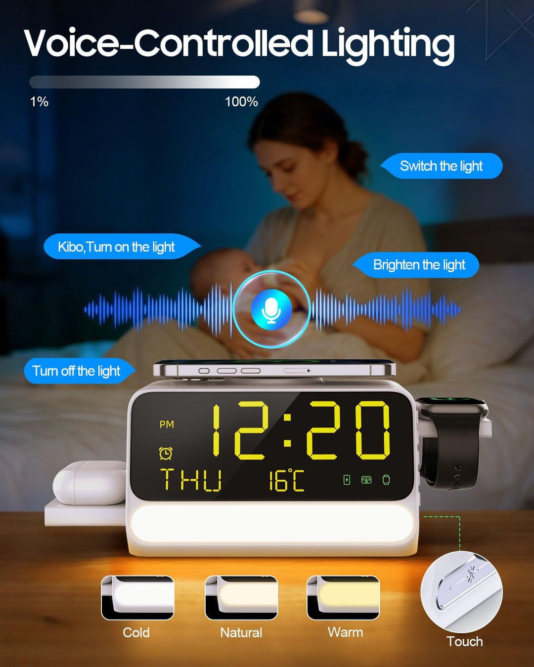 7-in-1 kabellose Ladestation mit Wecker, sprachgesteuertem Nachtlicht, Temperatur & Datum, inklusive