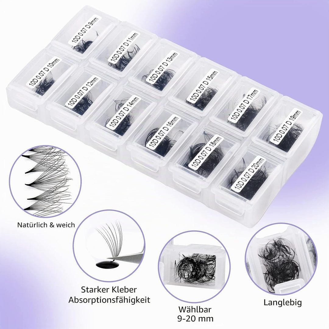 10D Gefächerte Volumen Wimpern 1200 Pcs Fertig Fächer Wimpernverlängerung C Curl 0.07mm 9-20mm Mixed