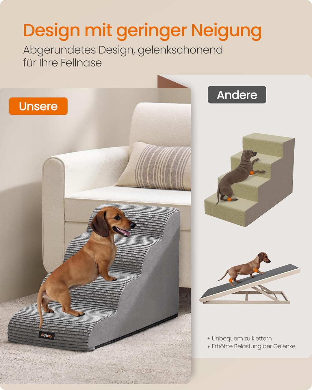 Feandrea Hundetreppe, 4 Stufen, Haustiertreppe, für kleine Hunde, Bett, Sofa, wasserdichte Katzentre