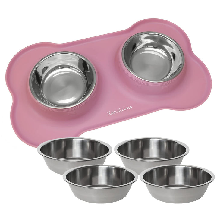 KaraLuna Napfunterlage mit Edelstahl Näpfen für Katzen & Hunde, 400ml, Rosa Rosa 400ml, Rosa 400ml