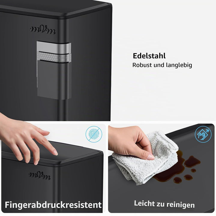 mVm Mülleimer Küche 40L, Mülleimer mit Deckel, Abfalleimer Küche, Schwarz | Edelstahl Treteimer mit