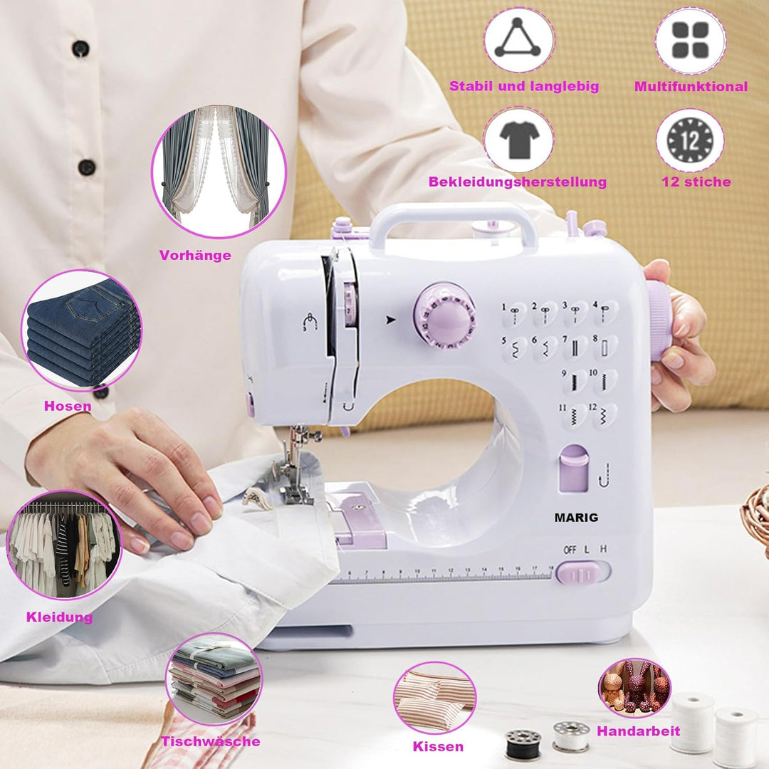 Nähmaschine für Einsteiger mit 2-fach Doppelfaden/Nähen mit 12 eingebauten Nähten/Mini Nähmaschine/H