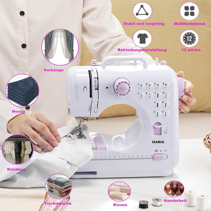 Nähmaschine für Einsteiger mit 2-fach Doppelfaden/Nähen mit 12 eingebauten Nähten/Mini Nähmaschine/H