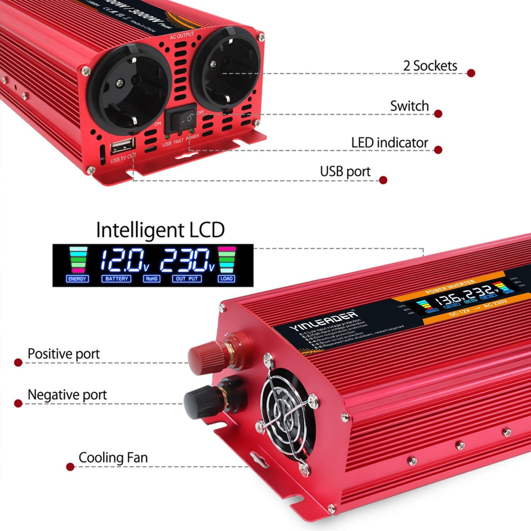 Spannungswandler 12V 230V 1500W 3000W Peak Wechselrichter LCD | stromumwandler mit 2 Steckdose USB -