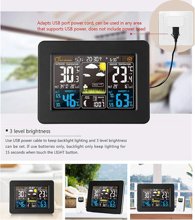 ALLOMN Kabellose Wetterstation, Farbdisplay LCD Digitale Wetterstation mit Sensor, Wecker, Temperatu