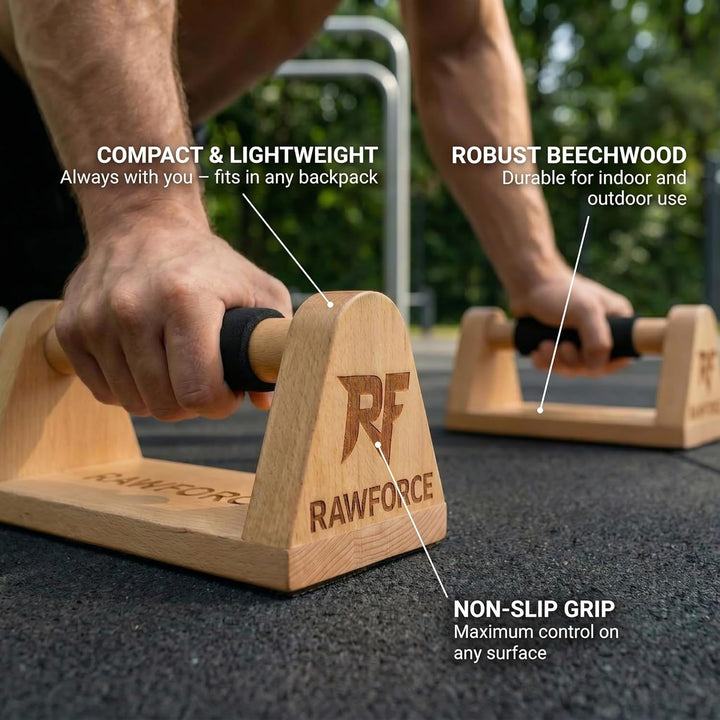 RawForce 2x Liegestützgriffe aus Holz - Joint-Friendly & Rutschfest - Parallettes Push Up Bar - Hand