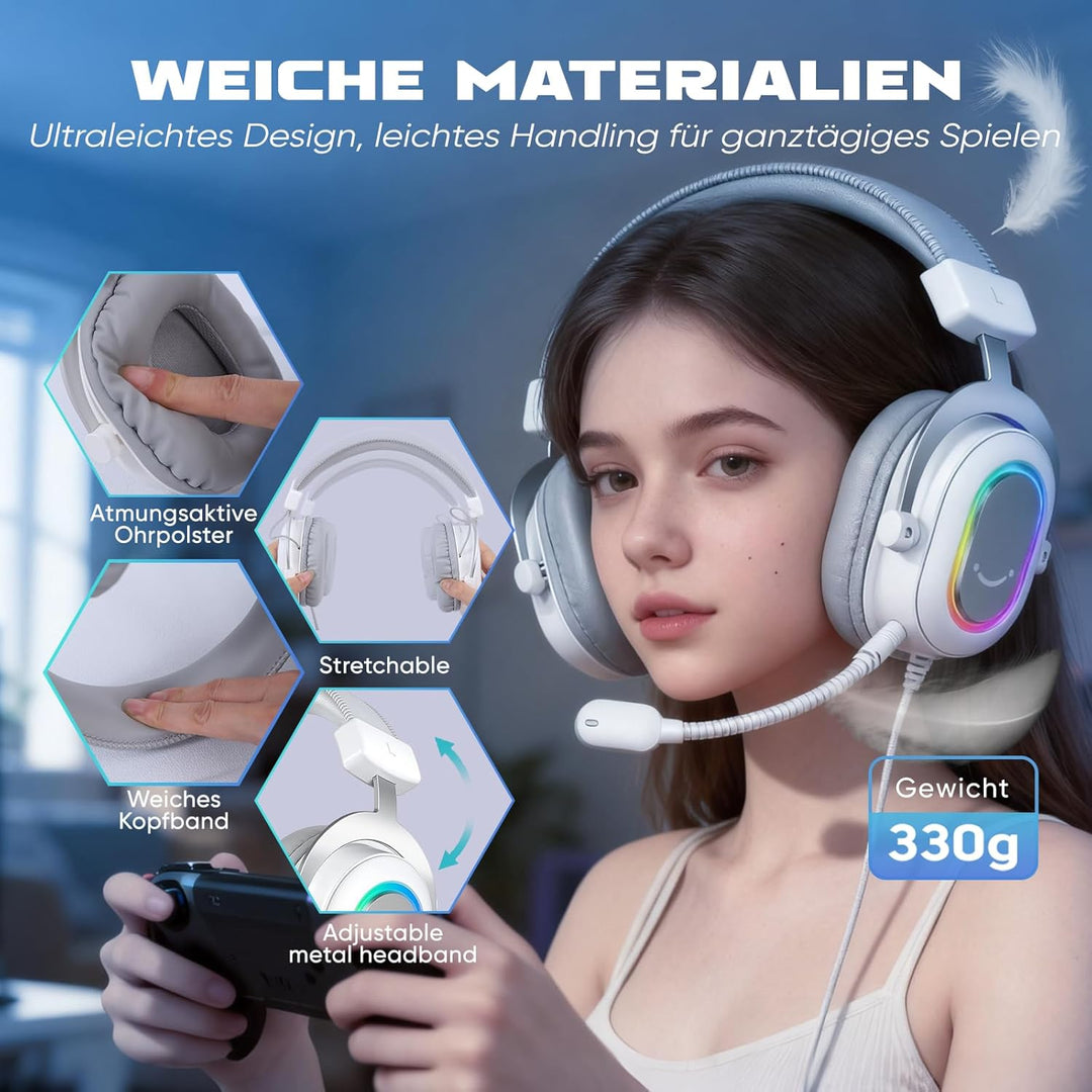 FIFINE Gaming Headset mit Mikrofon, Over Ear Kopfhörer mit Kabel, USB Headset für PC PS4 PS5, RGB He