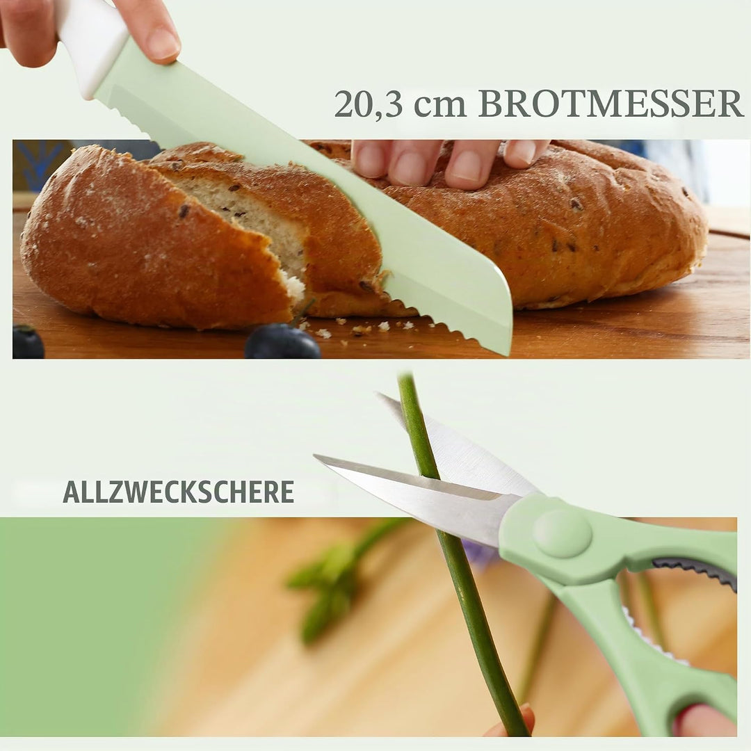 hecef 14‑teilig Messerblock mit Messer, Hellgrün, Antihaft‑Beschichtung – Spülmaschinenfest, Messerb