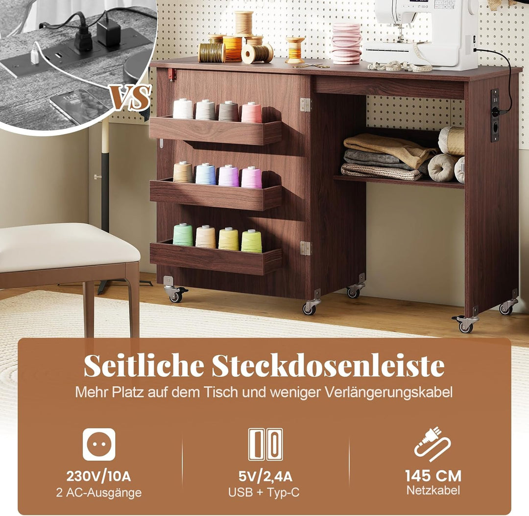RELAX4LIFE 2 in 1 Nähtisch, Nähmaschinenschrank klappbar mit Ladestation, Nähschrank aus Holz mit Re