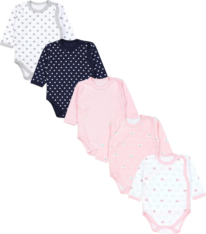 Baby Body Langarm – Wickelbody Langarm im 5er Pack aus Baumwolle für Mädchen und Jungen, Bärchen Ros