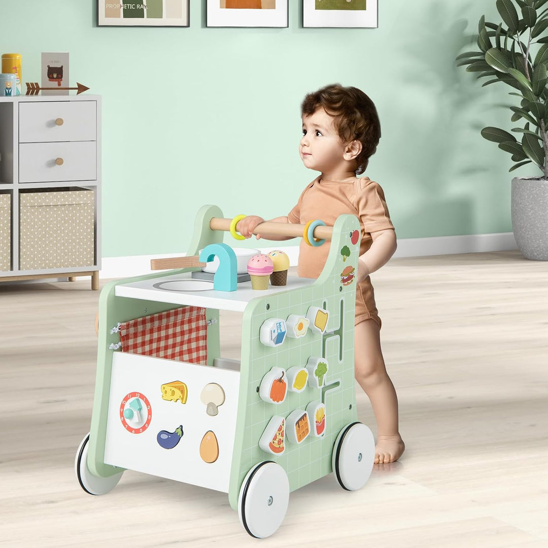 LIFEZEAL Lauflernwagen für Kinder ab 1 Jahren, Lauflernhilfe aus Holz, Baby Walker mit Spielküche &amp;
