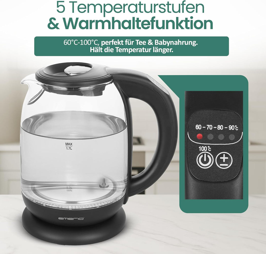 Emerio WK-119255 TESTSIEGER Haus & Garten Test 02/2019, Glas Wasserkocher mit Temperaturwahl (60°C/7