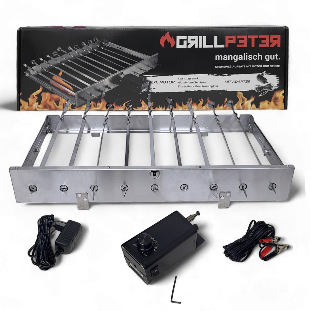 Mangal Drehspiessaufsatz aus Edelstahl mit 230 V Elektromotor Spiesse (mit 9 Spiesse), mit 9 Spie&#x