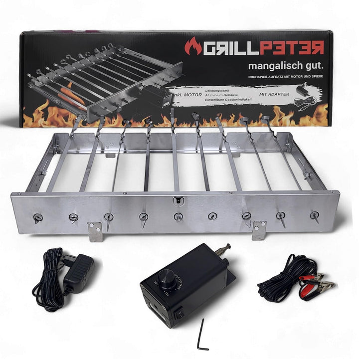 Mangal Drehspiessaufsatz aus Edelstahl mit 230 V Elektromotor Spiesse (mit 9 Spiesse), mit 9 Spie&#x