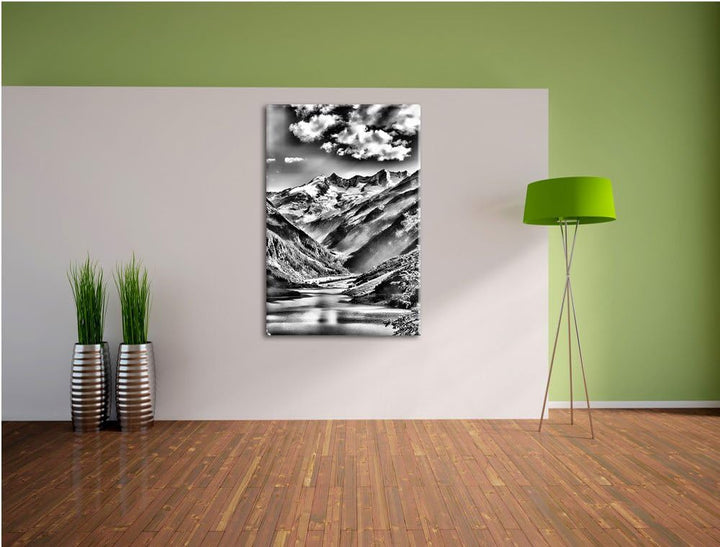 Monocrome, See an Bergen, Format: 100x70 auf Leinwand, XXL riesige Bilder fertig gerahmt mit Keilrah