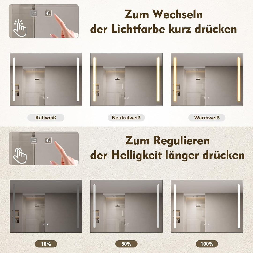 SONNI Badezimmerspiegel mit Beleuchtung 80x60 cm, LED Badspiegel mit Ablage 80cm, 3 einstellbare Lic