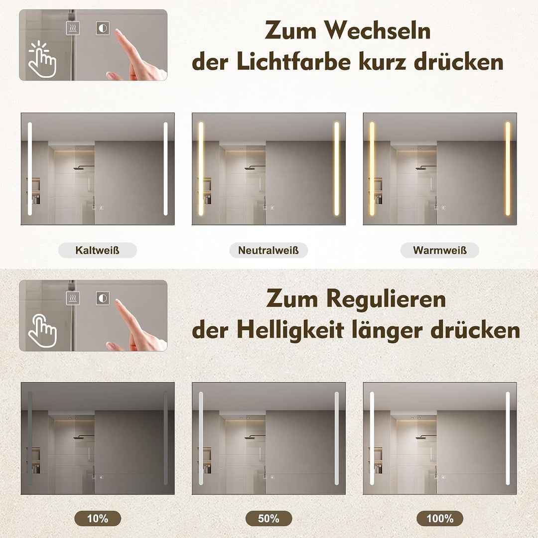 SONNI Badezimmerspiegel mit Beleuchtung 70x50 cm, LED Badspiegel mit Ablage 70cm, 3 einstellbare Lic