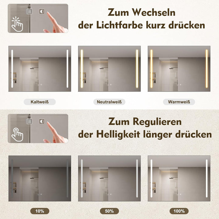 SONNI Badezimmerspiegel mit Beleuchtung 70x50 cm, LED Badspiegel mit Ablage 70cm, 3 einstellbare Lic