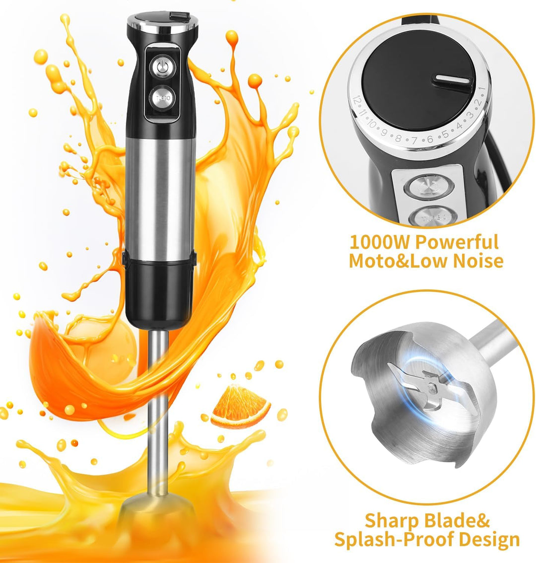 Stabmixer Edelstahl 5 in 1 Stabmixer Set 1000 Watt Pürierstab mit 12 Geschwindigkeiten und Turbo-Mod