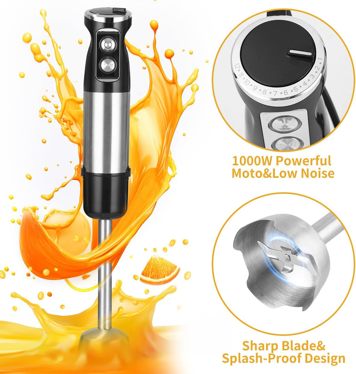 Stabmixer Edelstahl 5 in 1 Stabmixer Set 1000 Watt Pürierstab mit 12 Geschwindigkeiten und Turbo-Mod