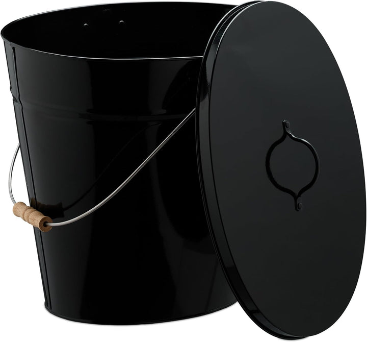 Relaxdays Ascheeimer mit Deckel, 18,5 Liter, Henkel mit Holzgriff, für Kohle & Asche, Kamin, Stahl A