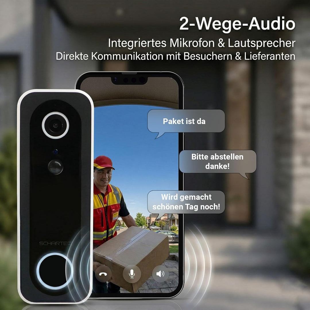 Schartec Smarte Video-Türklingel WLAN – 4MP Überwachungskamera Aussen, Akku 5200mAh, PIR & Personene