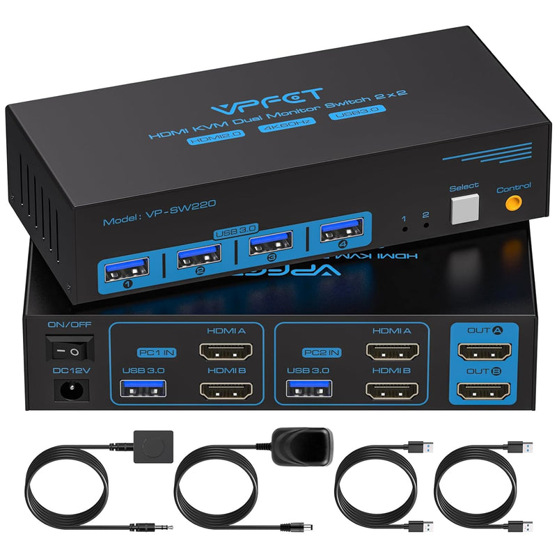 HDMI USB 3.0 KVM Switch 2 PC 2 Monitore 4K@60Hz KVM-Switches für 2 Computer/Laptops teilen sich Dual