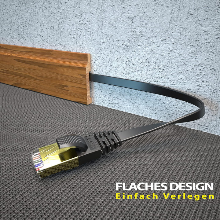 KASIMO Cat7-Gigabit-Ethernet-Kabel, 20 m, schwarz, Hochgeschwindigkeits-Flach-RJ45, kompatibel mit P