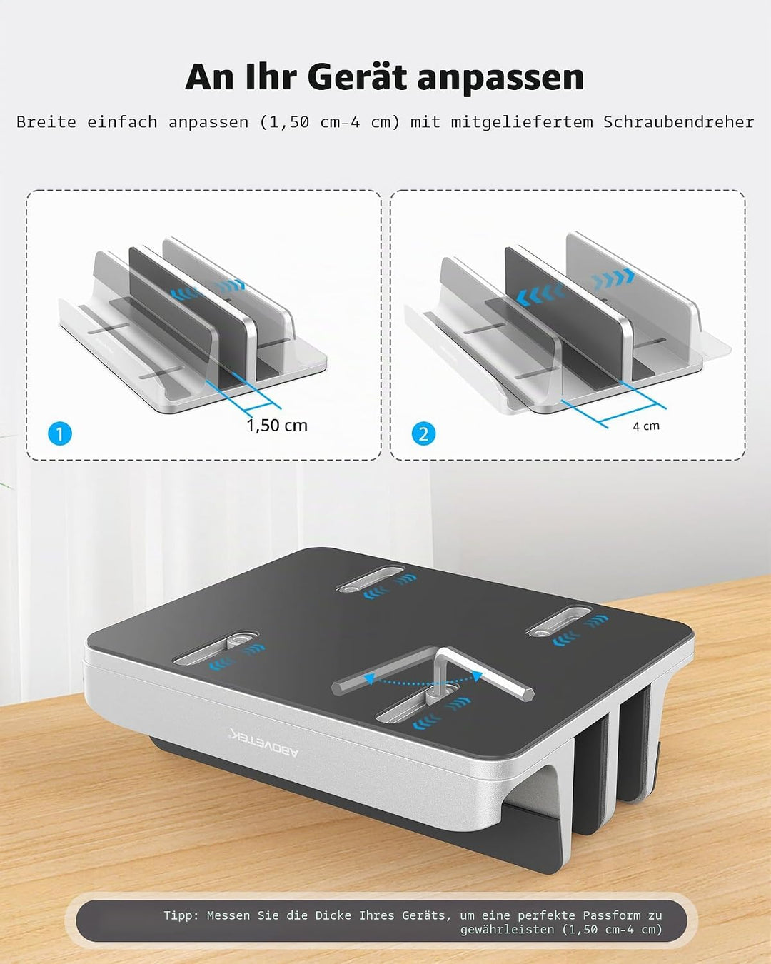 AboveTEK Vertikaler Laptopständer Aluminium, Laptophalter für Laptop bis zu 17,3 ", Aluminium 4 in 1