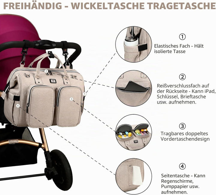 Pomelo Best Wickeltasche mit wasserdicher Wickelunterlage und 2 Kinderwagen Haken verstellbare Schul