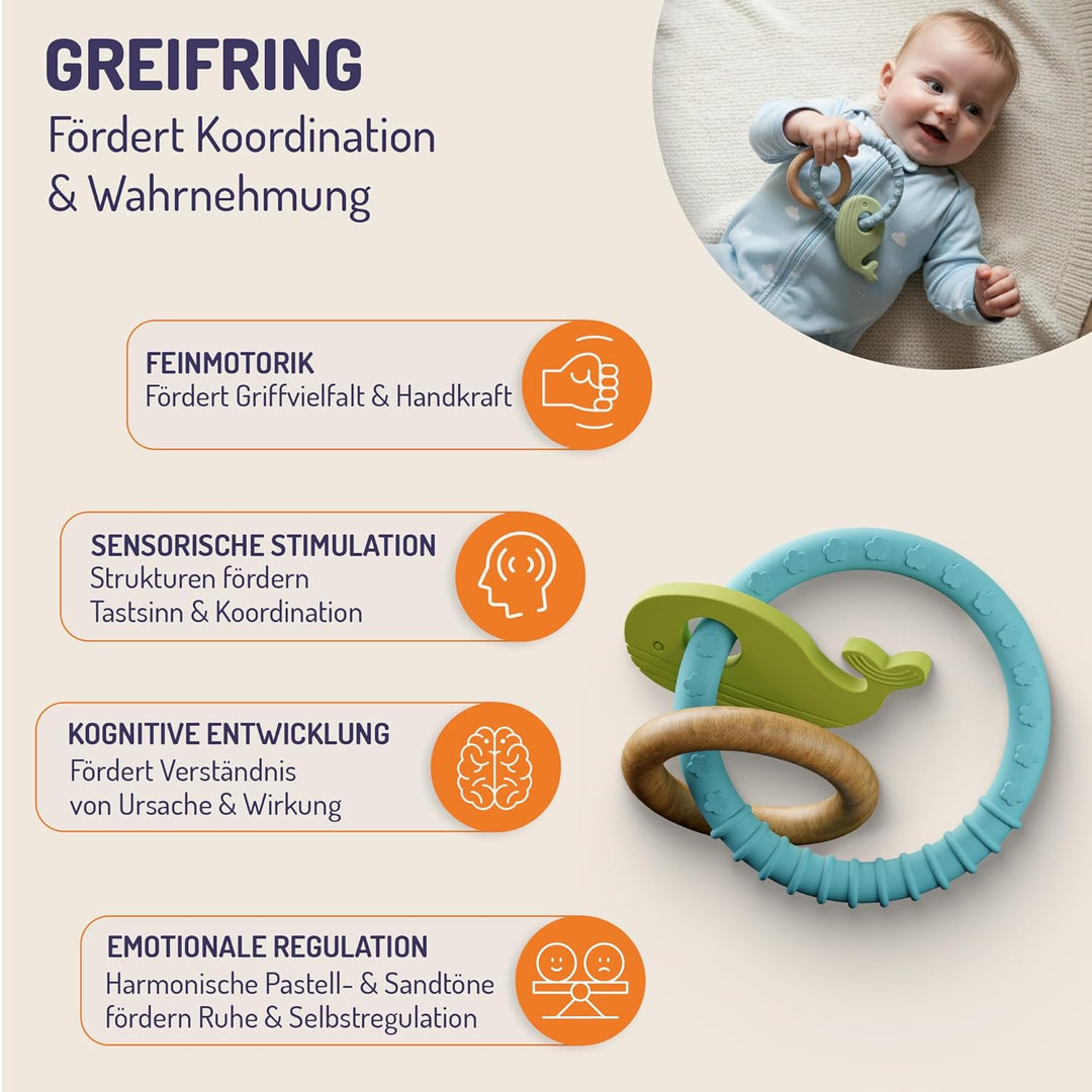 STRAUB Baby Spielset – Pädagogisch entwickeltes Lernspielzeug-Set – Beissring, Greifring, Greiffigur