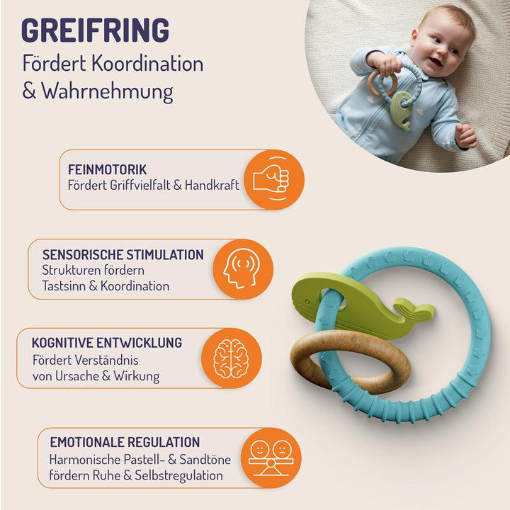 STRAUB Baby Spielset – Pädagogisch entwickeltes Lernspielzeug-Set – Beissring, Greifring, Greiffigur