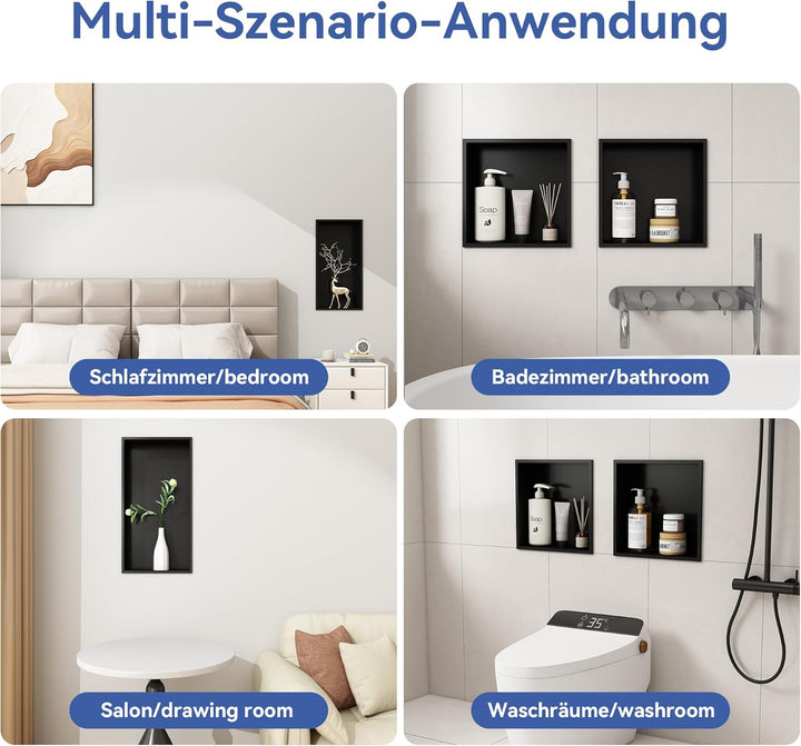 Graue Dusch-Wandnische aus Stahl, Badezimmer-Einbaunische 60 × 30 × 10 cm, Rostfrei, Einfache Montag