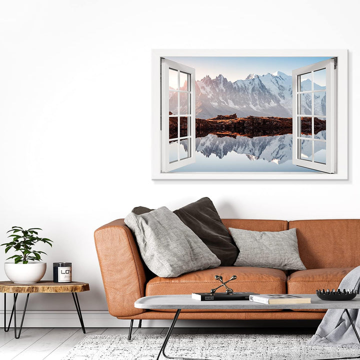 PICANOVA – Bild auf Leinwand Monte Bianco Alpen Bergsee Chesery Fenster 120x80cm Leinwandbild – Prem